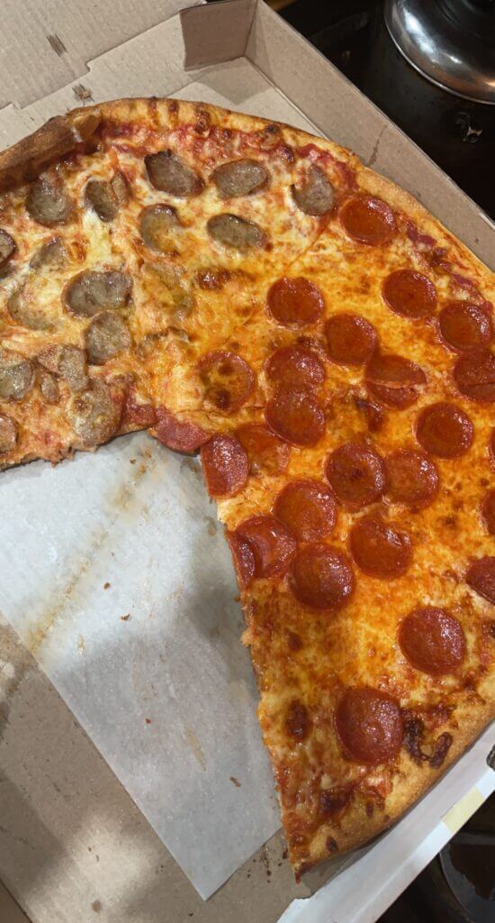 half sausage and half pepperoni NY style pizza