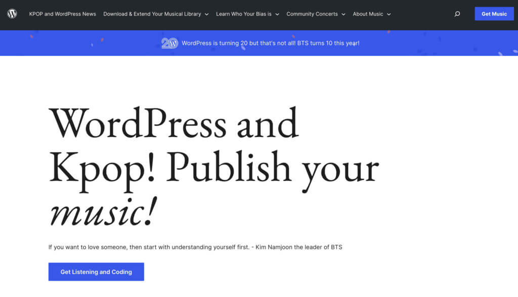 In this image, WordPress is celebrating its 20th anniversary and BTS is celebrating its 10th anniversary, encouraging people to publish their music and to start loving someone by understanding themselves first.