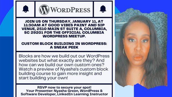 The image is a promotional flyer for a WordPress meetup featuring a person, with details about the event on custom block building in WordPress.