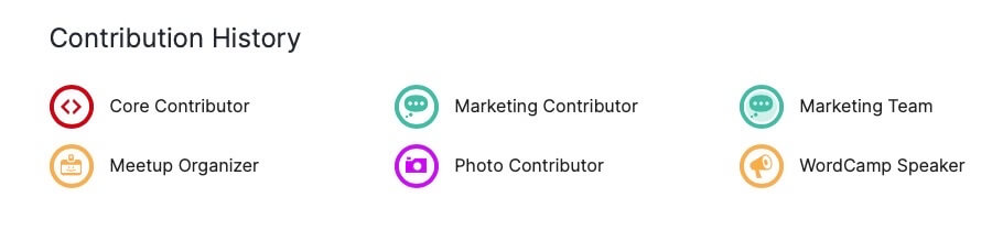 The image displays seven colorful badges representing different roles such as Core Contributor, Marketing Contributor, and WordCamp Speaker in a Contribution History.