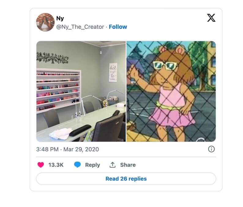 The image shows a screenshot of a social media post featuring an animated character wearing glasses and a pink dress. The background has a nail salon setting.