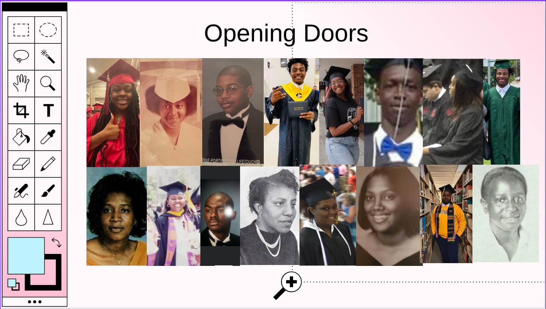 The image is a collage of graduation pictures showing diverse people in caps and gowns, with the title "Opening Doors" suggesting achievement and opportunity.