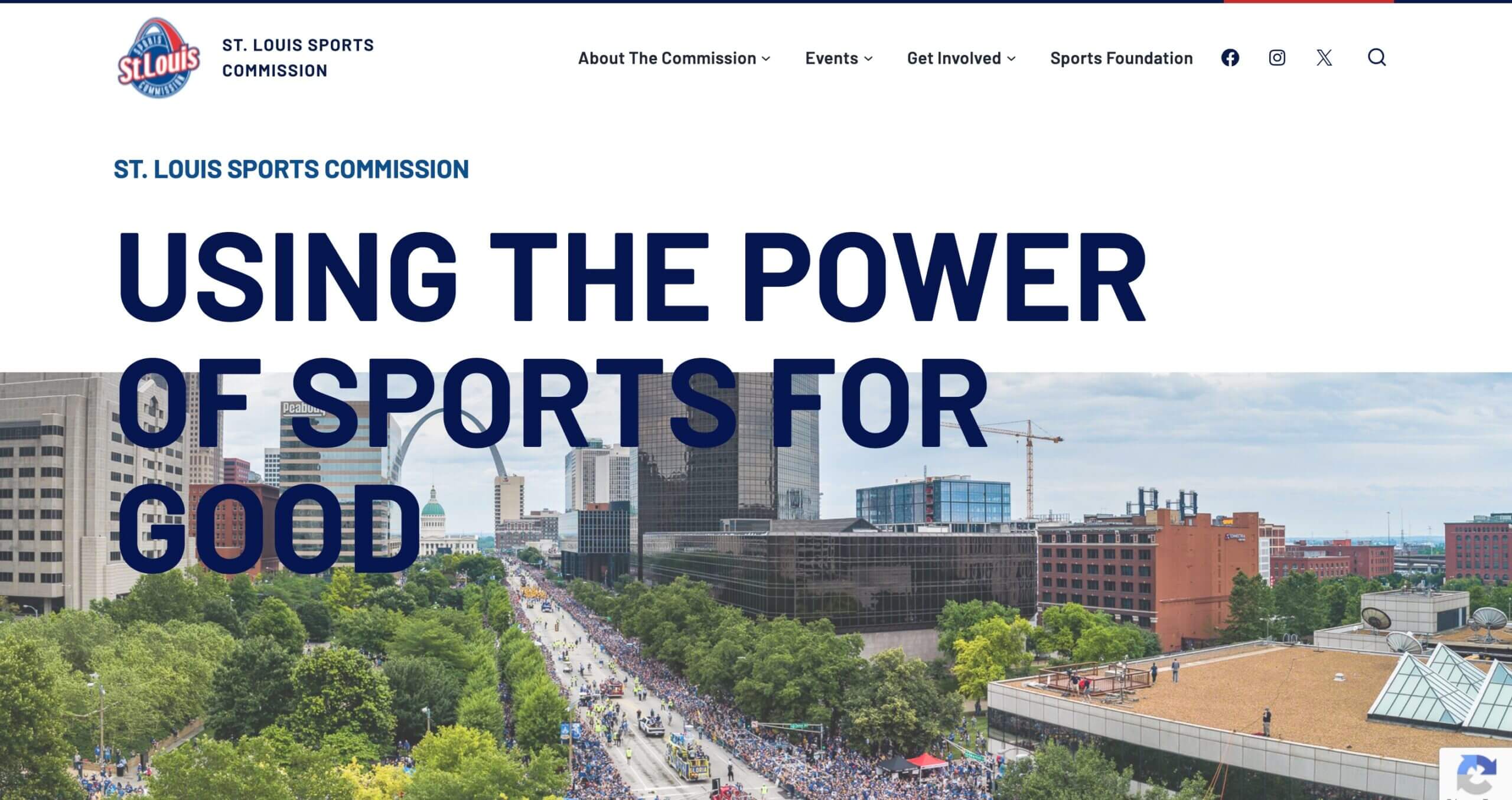 The image displays a website banner for the St. Louis Sports Commission with a slogan and a crowded city street scene below during a sporting event.