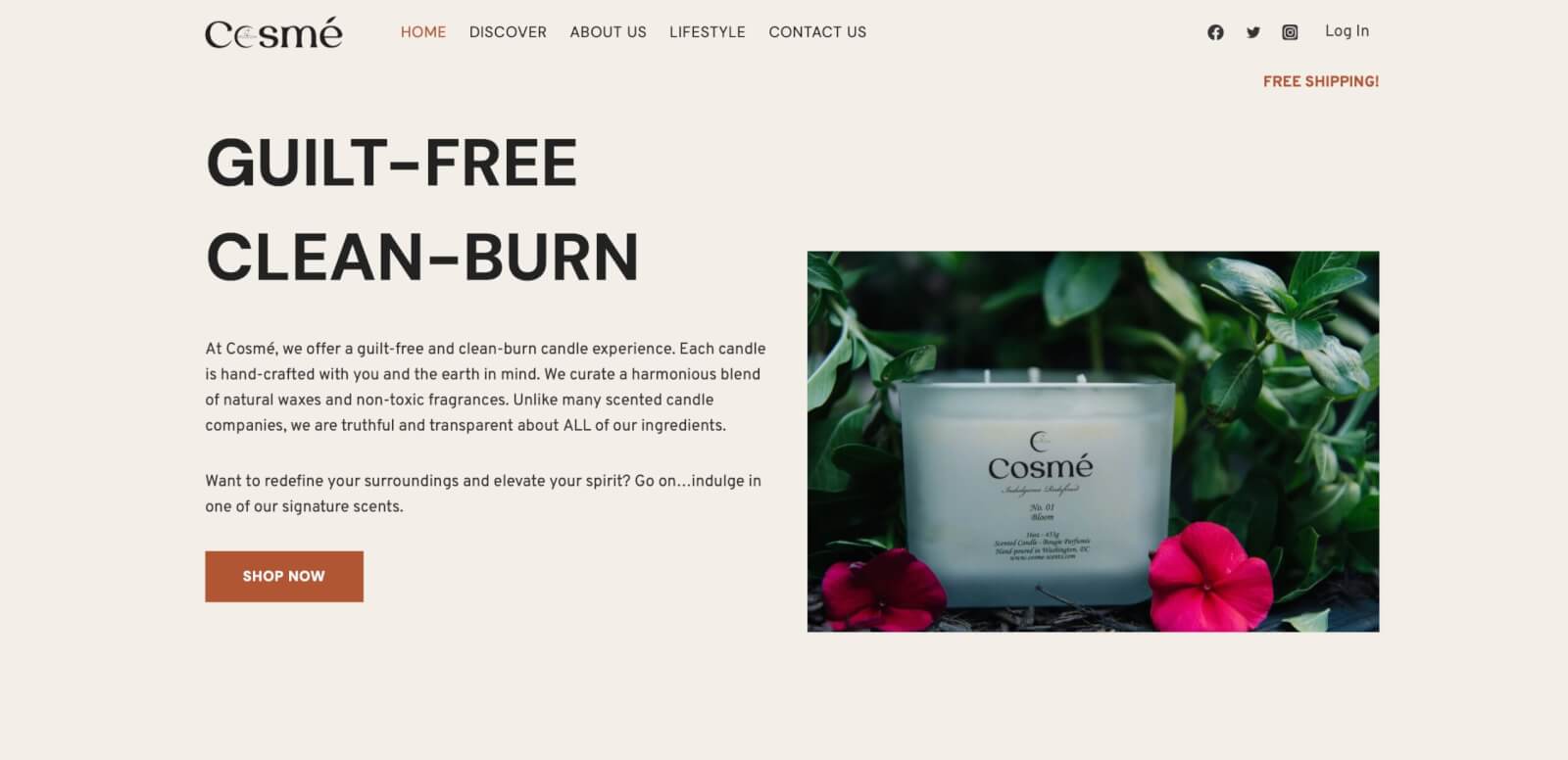 A screenshot showing the layout of the cosme scents homepage