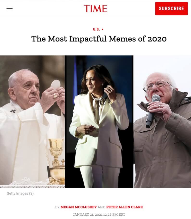 The image shows a TIME article titled "The Most Impactful Memes of 2020," featuring three separate photos of individuals with significant media presence in 2020.