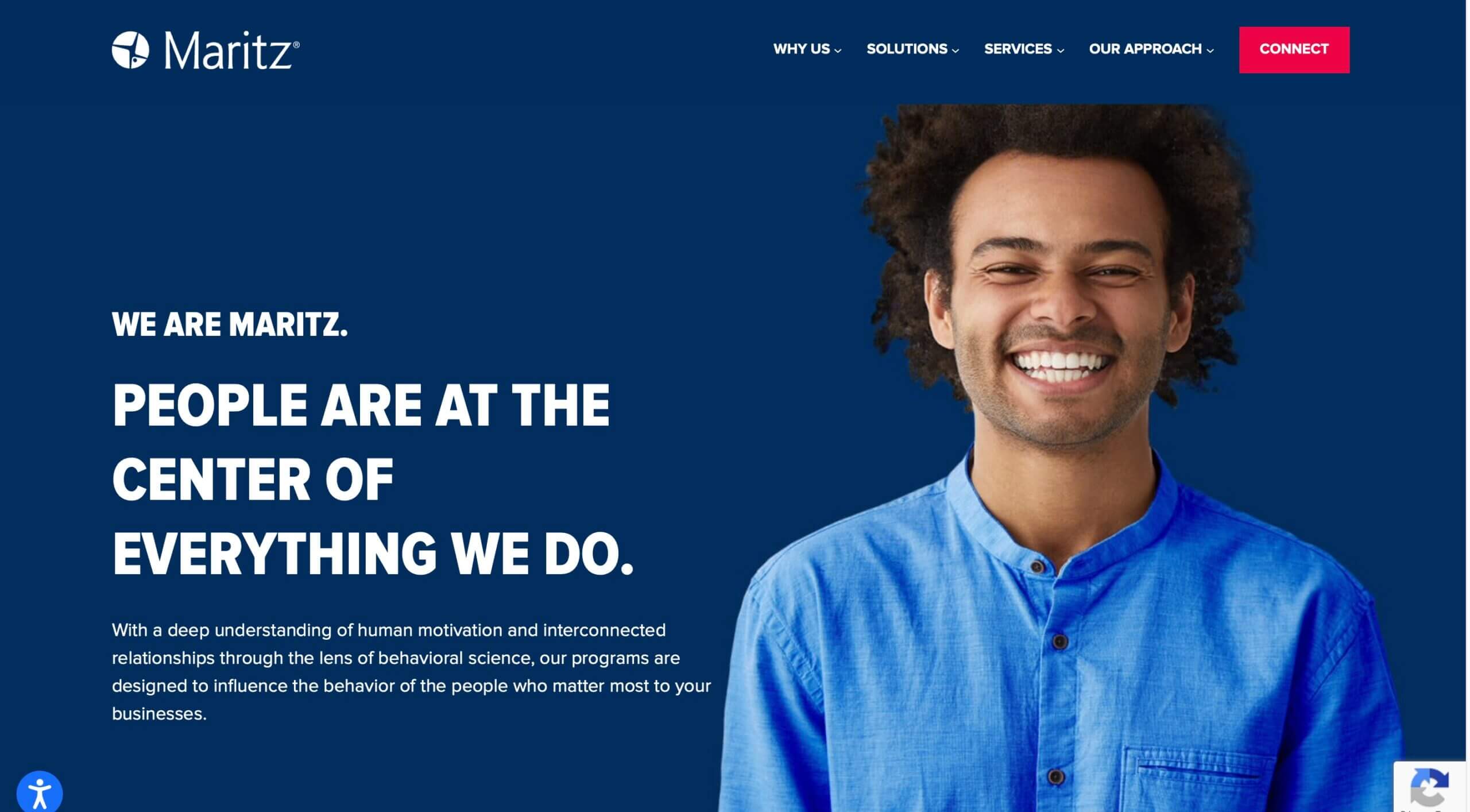 A person with curly hair smiling in a blue shirt, on a website page stating "PEOPLE ARE AT THE CENTER OF EVERYTHING WE DO" for Maritz.
