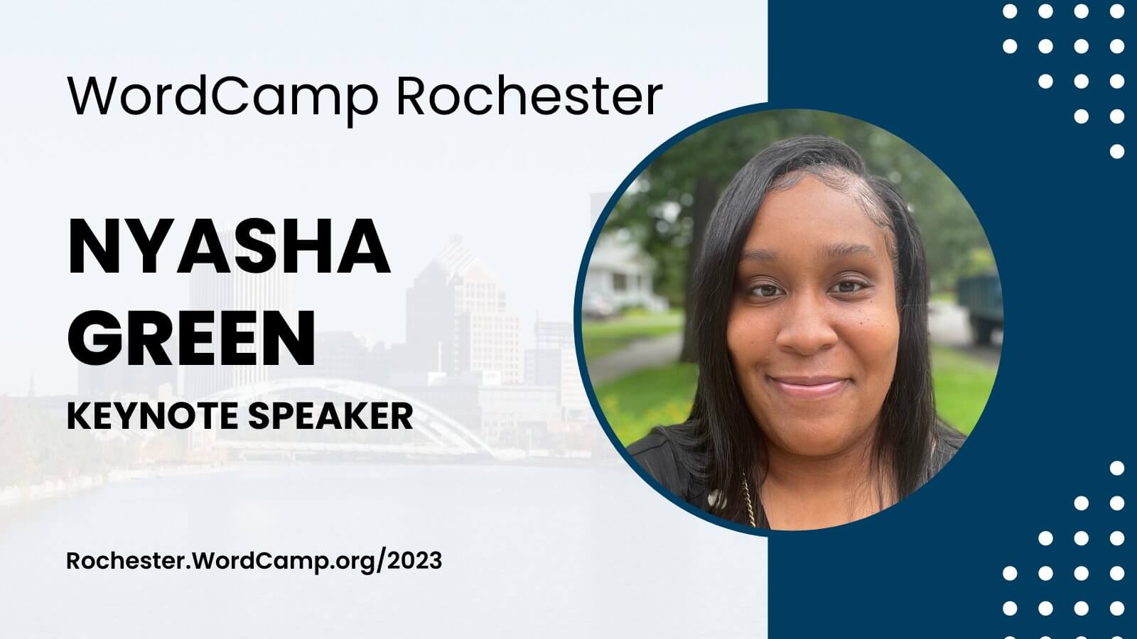 Promotional graphic for WordCamp Rochester with a person's portrait to the right and event details to the left on a blue and white design.