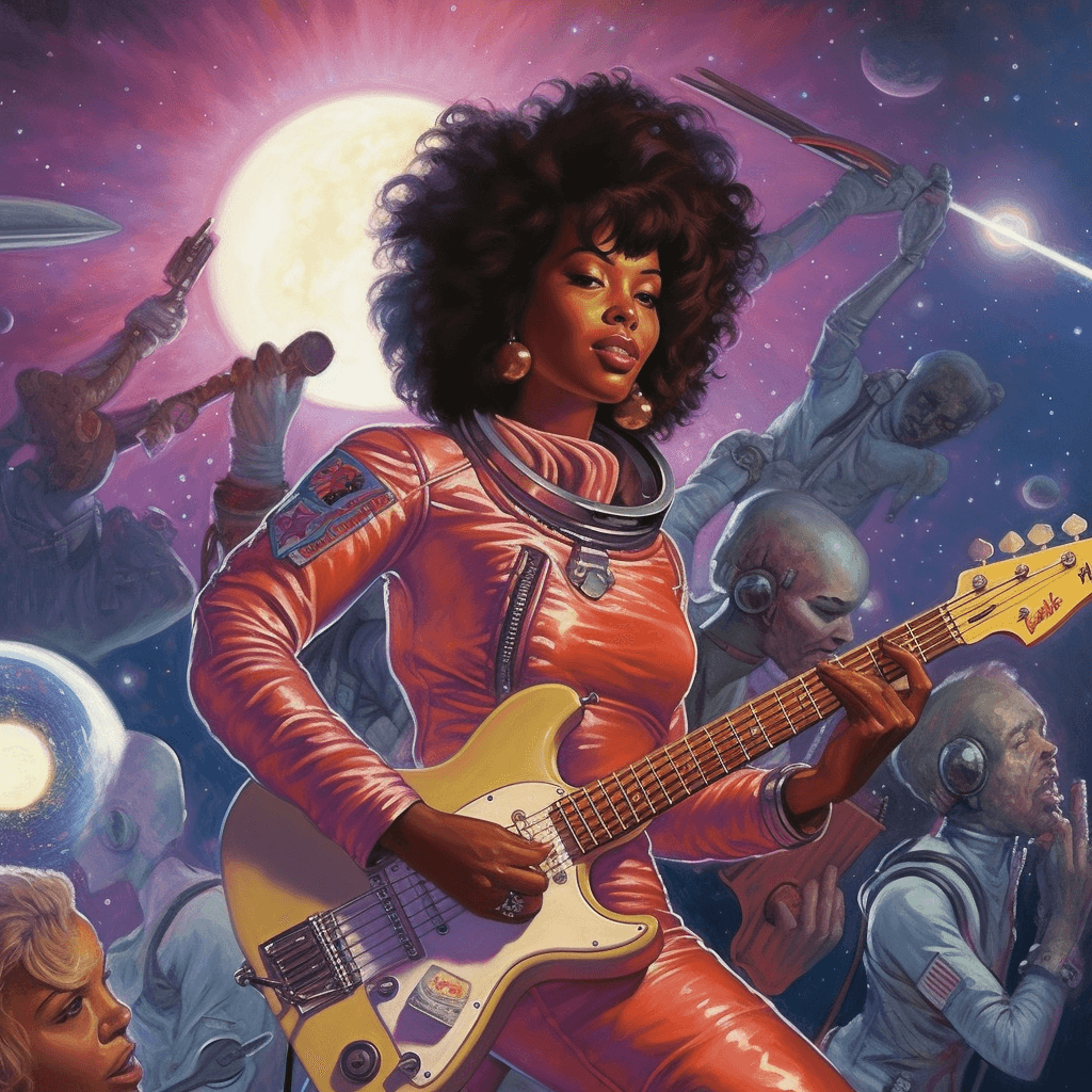 A vibrant illustration features a person with a guitar, wearing a spacesuit, against a cosmic backdrop with other figures, planets, and a large moon.