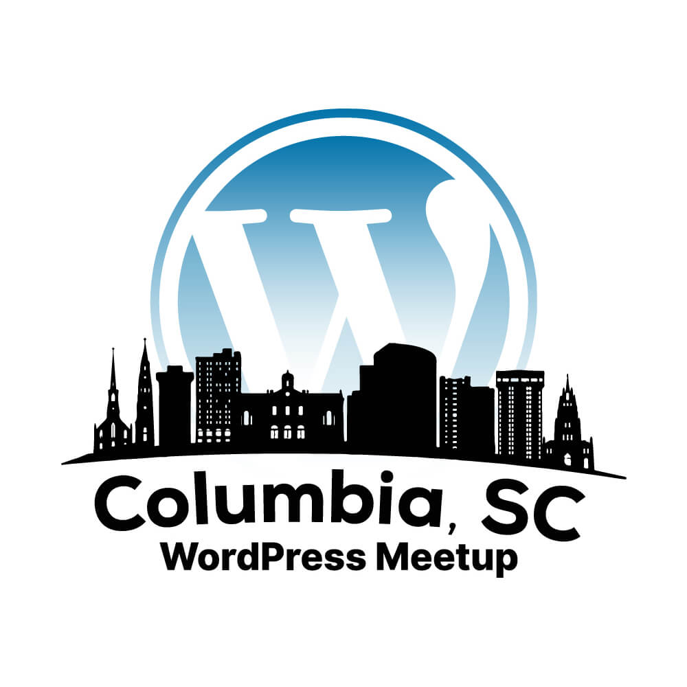 The image is a logo for the "Columbia, SC WordPress Meetup," featuring the WordPress logo over a silhouette of a city skyline.