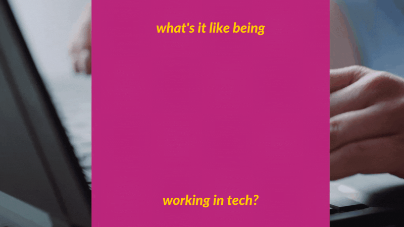 A person's hands typing on a keyboard, a blurred screen visible, overlaid with pink text saying "what's it like being working in tech?"